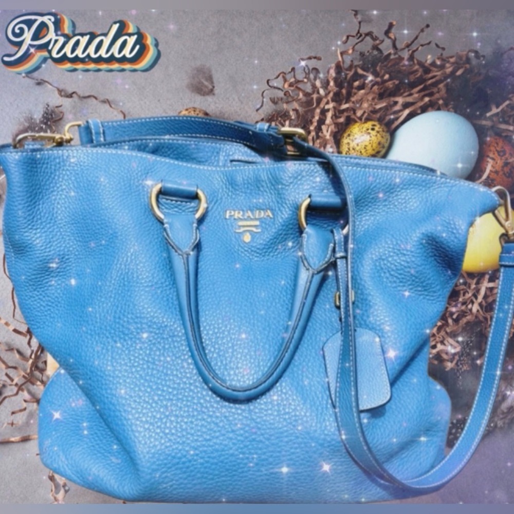 PRADA VITELLO DAINO OCEAN BLUE LEATHER SHOPPER TOTE BAG / HANDBAG 💙🌊 👜